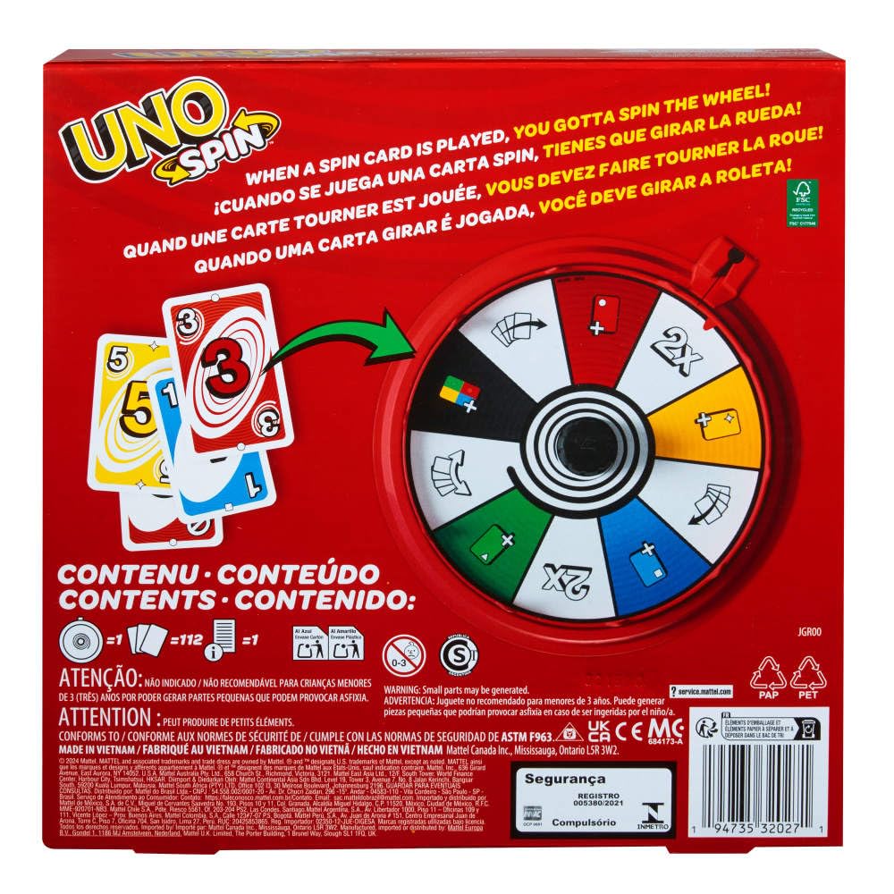 Mattel Games UNO Spin Card Game for Kid, Adult & Family Nights, Classic Play with Toy Spinner, New Challenges & Rules, Rainy Day Activity