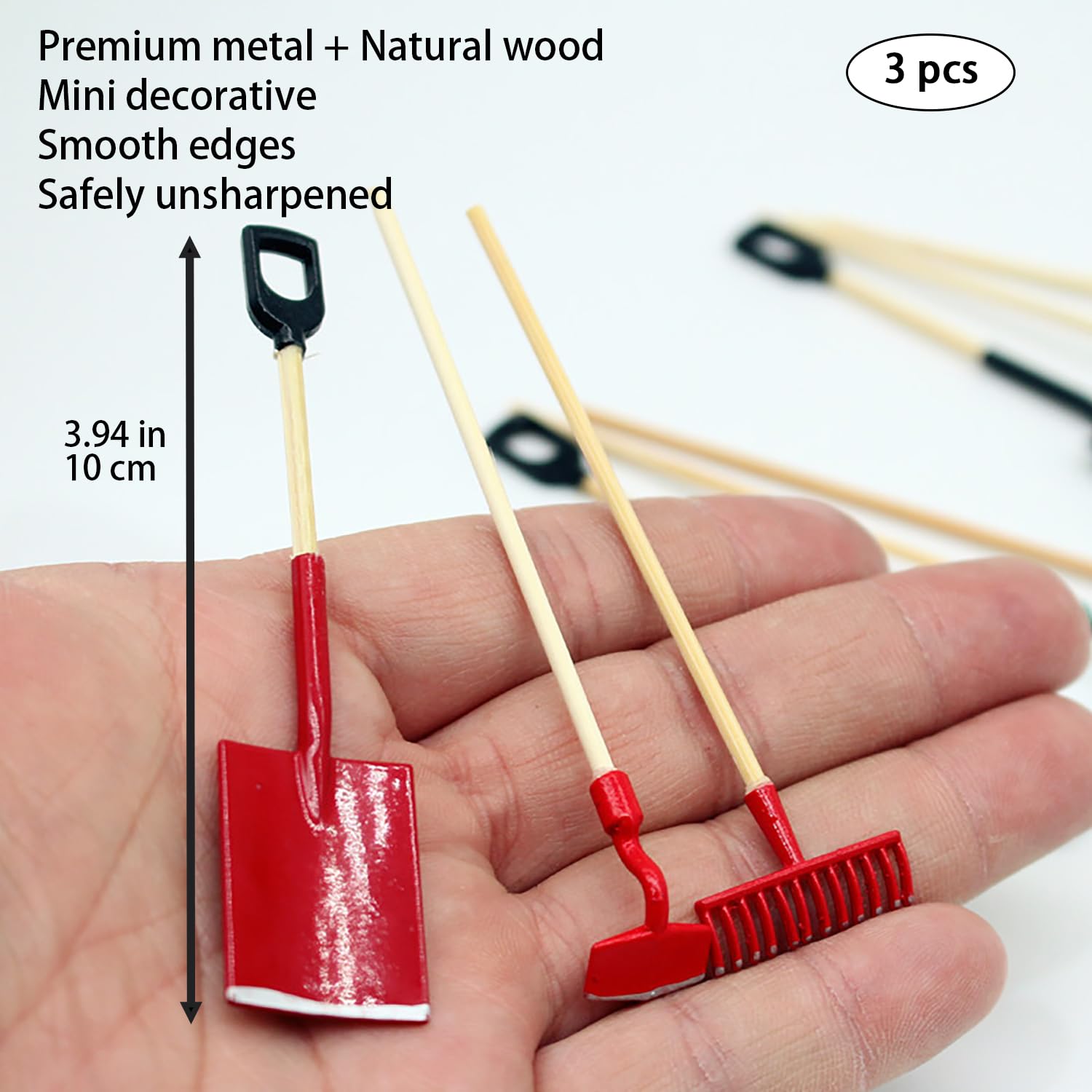 3Pcs Miniature Dollhouse Garden Tools, 1:12 Scale Mini Shovels and Rake Farm Tools, Fairy Garden Dollhouse Accessories Furniture Toy Sets (Red, 3.2