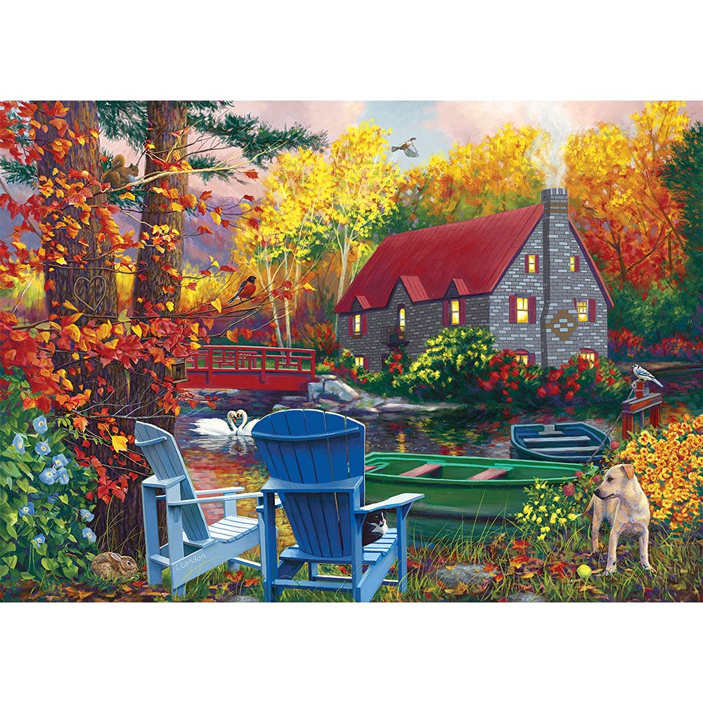 Bits and Pieces - 500 Piece Jigsaw Puzzle for Adults - by The Lake in The Fall - Autumn Leaves Cabin Dog Tree Row Boats Forest Nature Jigsaw Puzzle by