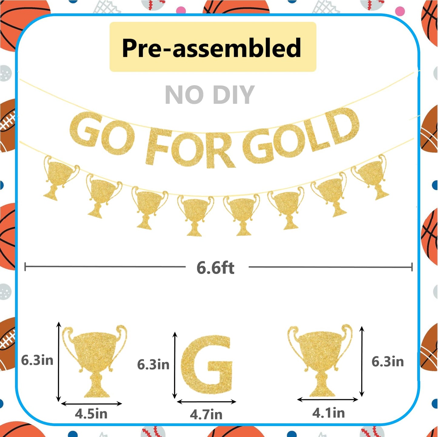 Glitter Go For Gold Banner with Paper Medal Hanging Swirls,Sports Competition Party Decorations,Olympic Sports Athlete Competition Game Party Decor