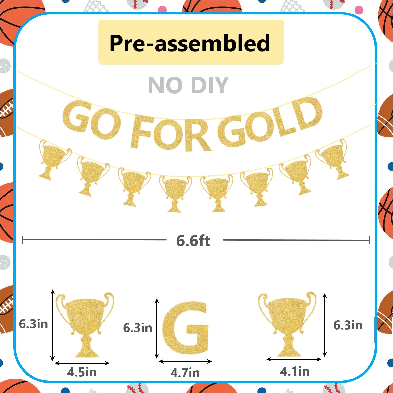 Glitter Go For Gold Banner with Paper Medal Hanging Swirls,Sports Competition Party Decorations,Olympic Sports Athlete Competition Game Party Decor