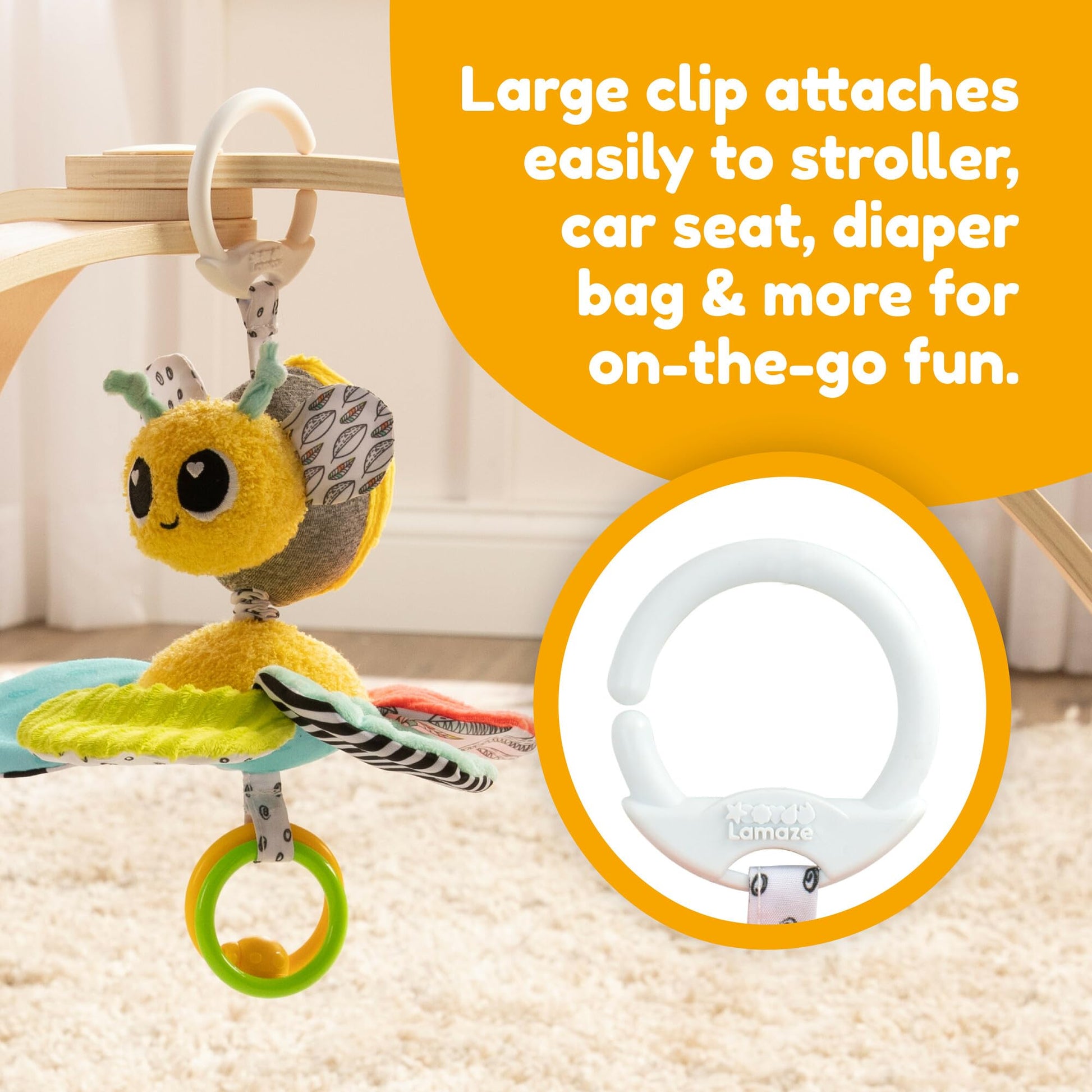 LAMAZE Clip On Car Seat and Stroller Toy - Buzzy The Bee - Crinkle Car Seat and Stroller Toys - Sensory Travel Toys for Babies - Infant Toys Ages 0