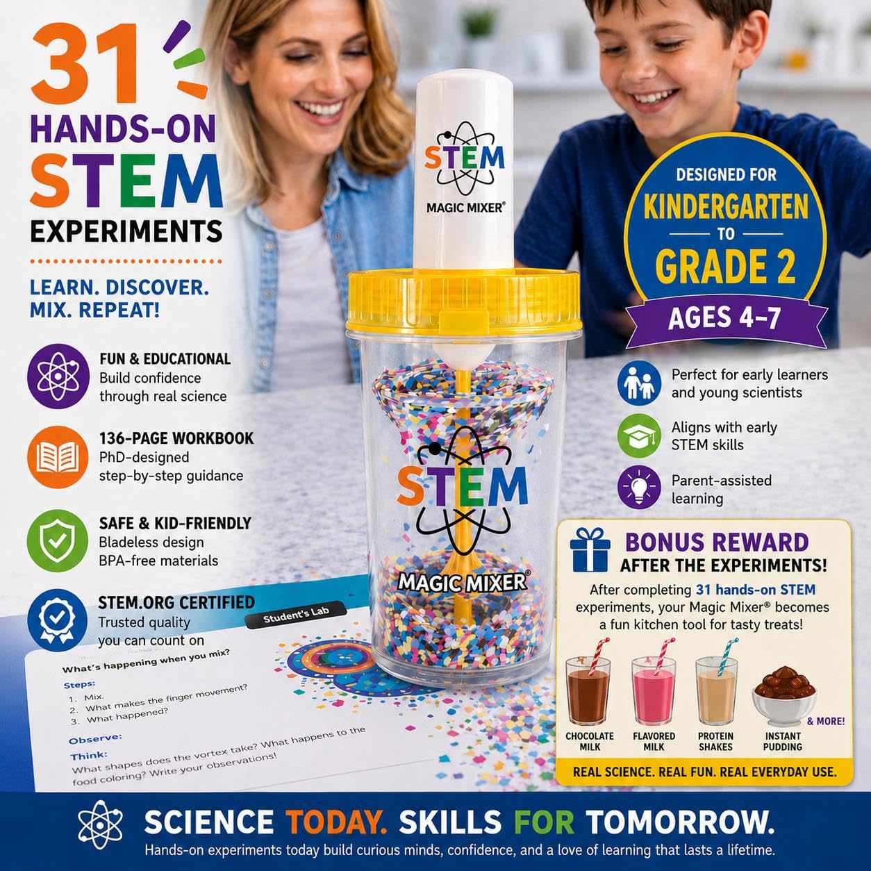 STEM Magic Mixer® Science Kit for Kids Ages 4-7 - 31 Hands-On STEM Experiments | Slime, Oobleck & Color-Changing Reactions | 136-Page PhD-Designed