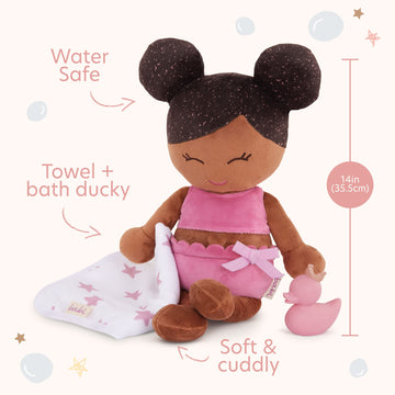 LullaBaby Babi - 14-Inch Bath Doll - Deep Tone & Removable Clothes - Water Toys - Towel & Bath Ducky - 2 Years + - Bath Doll (Deep Tone)