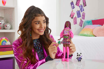 Barbie Extra Doll & Accessories with Pink-Streaked Brunette Hair in Graphic Hoodie & Plaid Skirt with Pet Panda