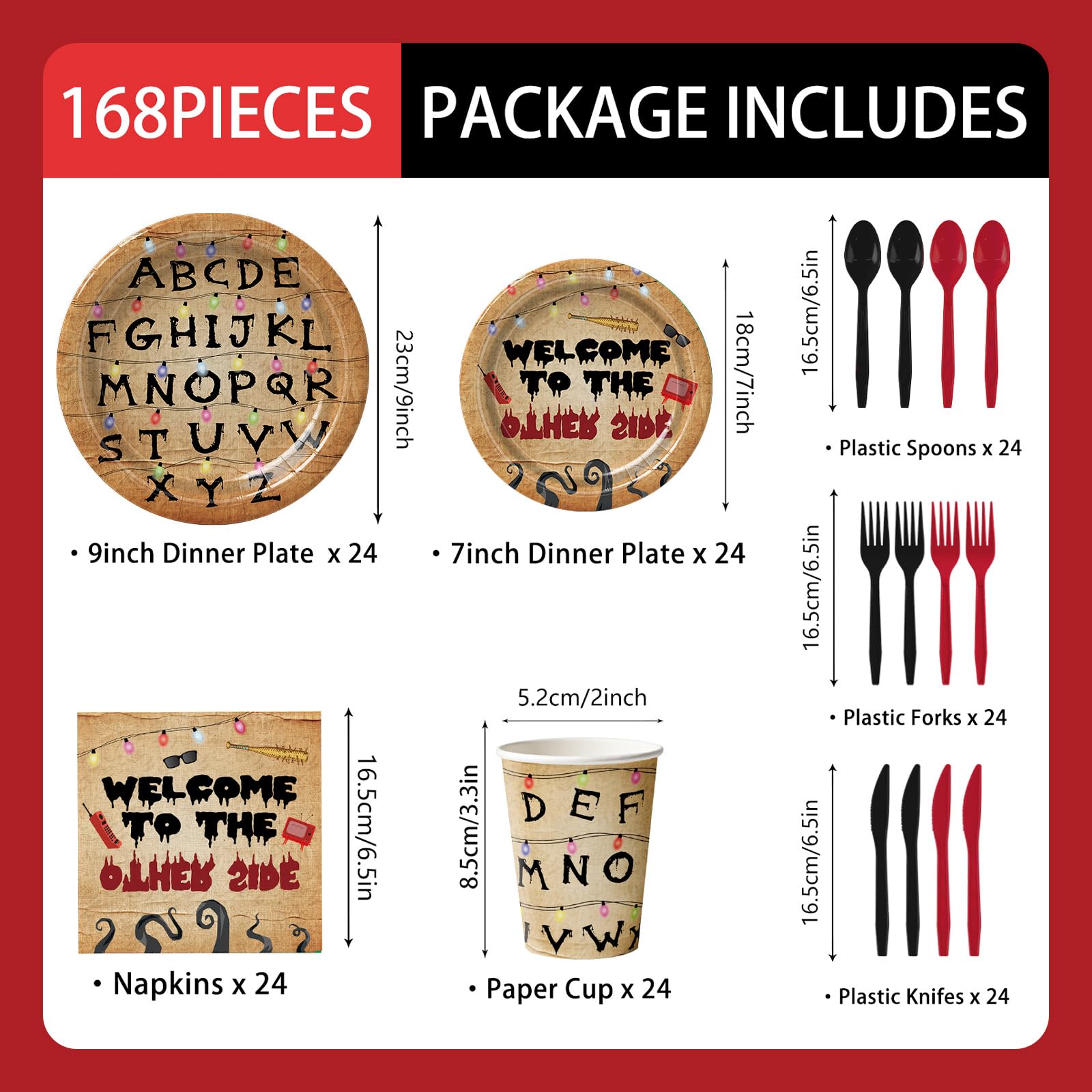 Eywusco 168pcs Spooky Rustic Alphabet Birthday Party Supplies Paper Plates Napkins Cups Disposable Colorful Light Bulbs Tableware Set Party
