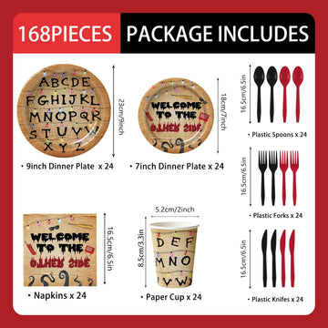 Eywusco 168pcs Spooky Rustic Alphabet Birthday Party Supplies Paper Plates Napkins Cups Disposable Colorful Light Bulbs Tableware Set Party