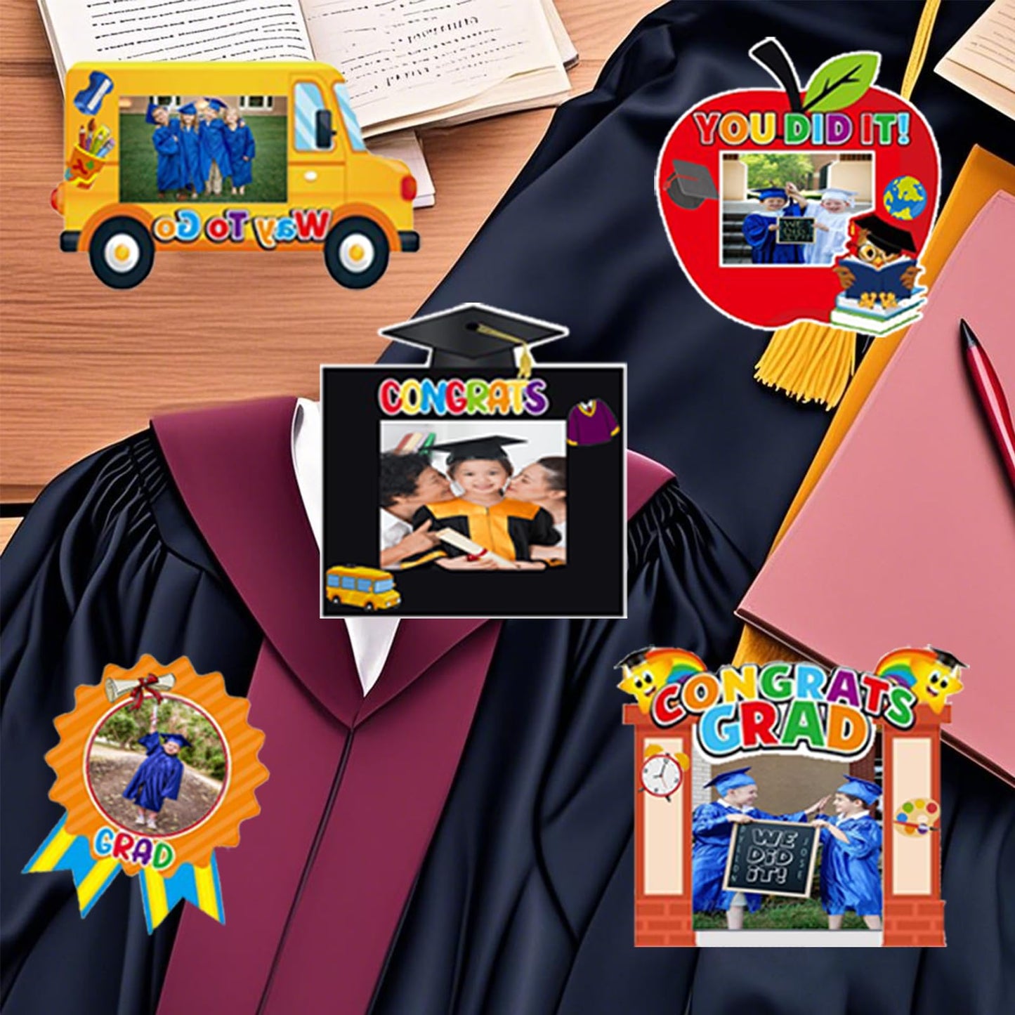 10 Pcs Kindergarten Graduation Picture Frame Crafts Kits Congrats Grad Photo Frame with Apple Bus Stickers DIY Photo Props for 2025 Graduation Party