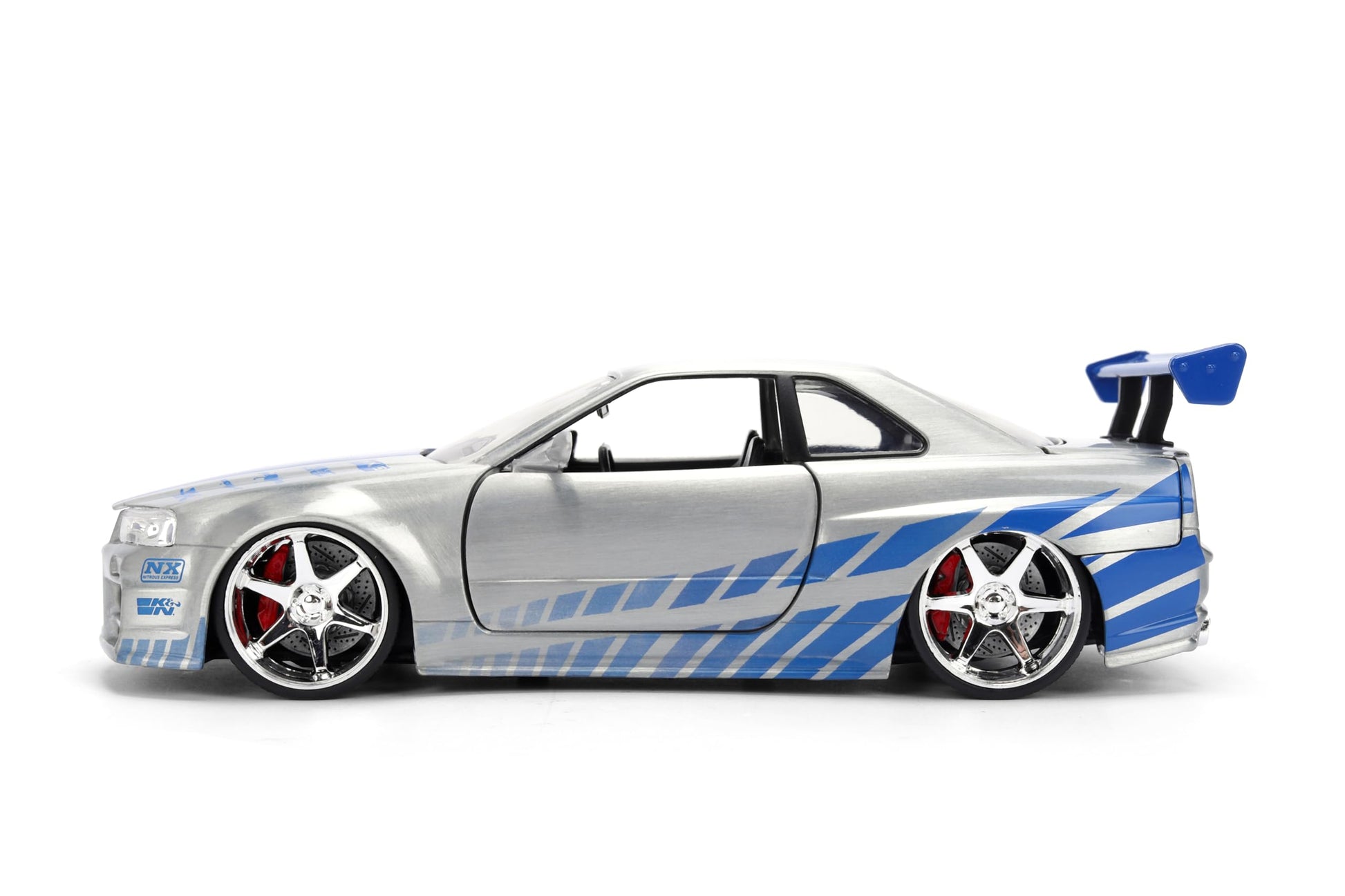Jada Toys Fast & Furious 1:24 Scale Anniversary Edition 2002 Nissan Skyline GT-R (BNR34) Die-Cast Car with Brush Metal Finish - Collector Hobby