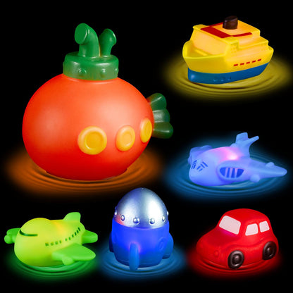 Light Up Bath Toys Transport Glowing Tub Toy with Auto Colourful Flashes Light 6pcs Floating Submarine Rocket Ship Car Airplane Aircraft Model Toy