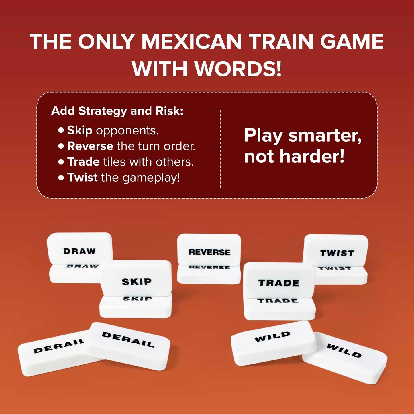Deluxe Mexican Train Dominoes Set with Action Tiles - Fun New Twist with Skip, Draw, Reverse, Wild & More
