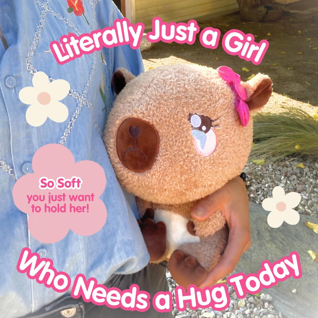Plush Capybara Girl with Hairbow - Brie the Brave Baby-bara by PlushGoals | Crying Baby Stuffed Animal With Tears | Kawaii Style Super Soft Emotional