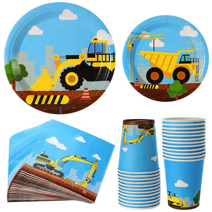 Construction Birthday Party Supplies Set 97 Pieces For Kids- Serves 24 Guest-Digger Truck Party Tableware Kit - Including Dump Truck Plates, Cups