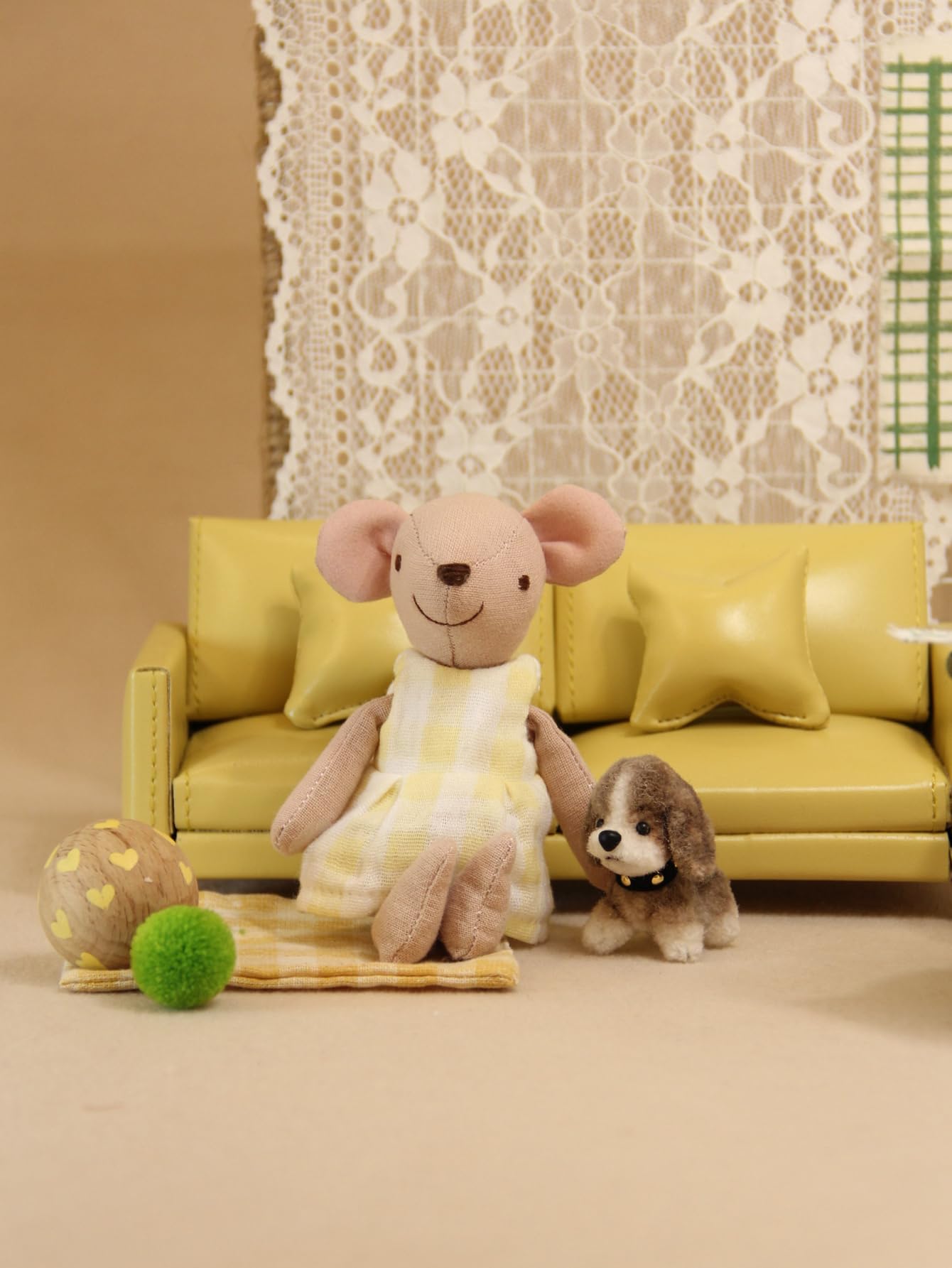 Funky Mini House Miniature Dollhouse Leather Couch -1:12 Scale Mini Sofa Furniture Set with Cushions Fit 3 to 6 inches Doll Figure 1/12 Scale