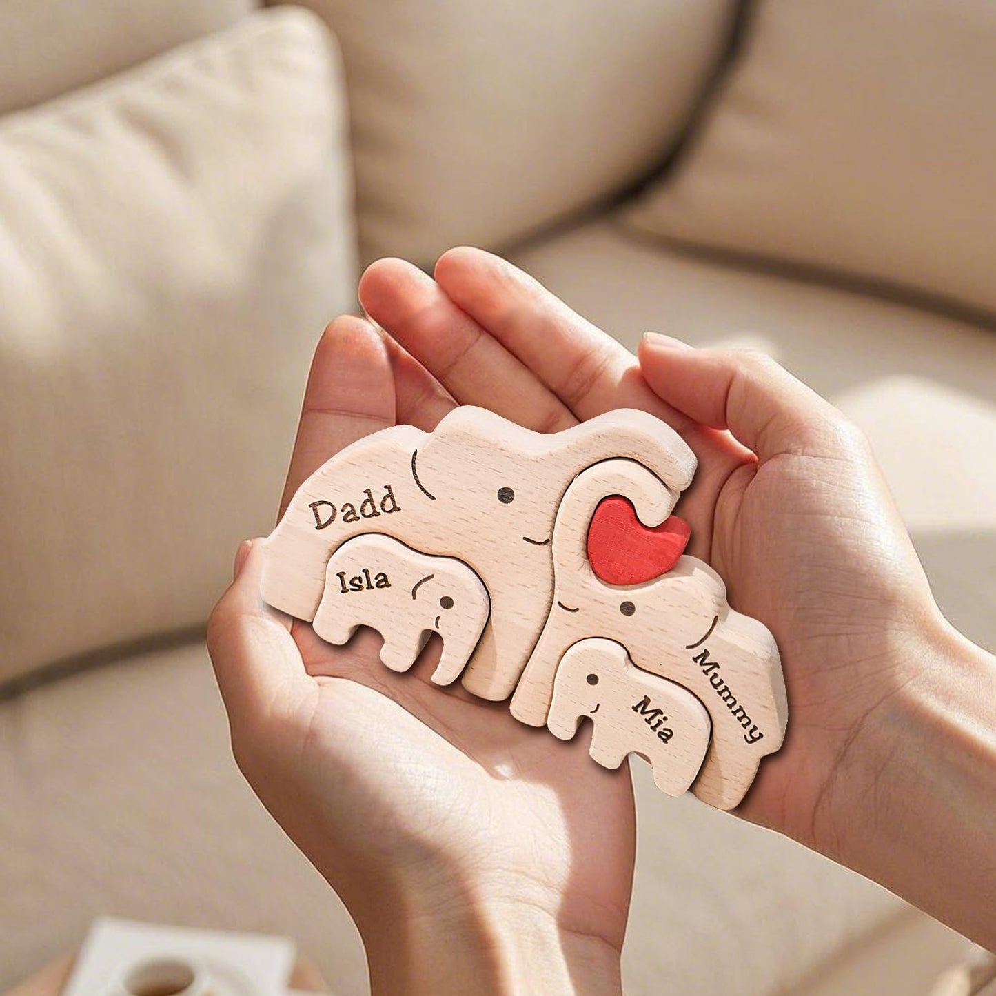 Personalized Bear Family Wooden Art Puzzle, Wooden Bear Jigsaw Puzzle with Heart, Customized Gift for Mom Dad Home Decoration (Popular Elephant Gift)