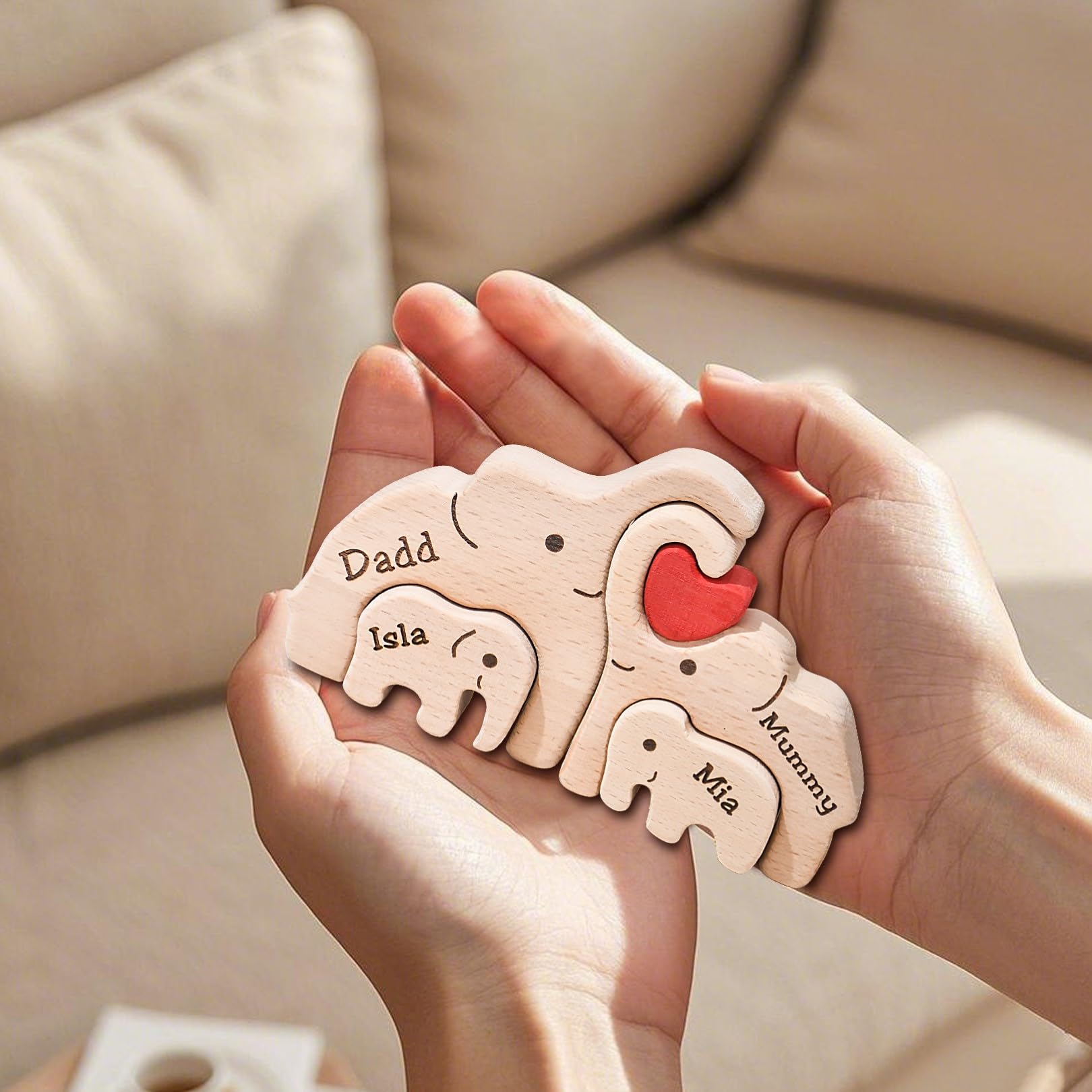 Personalized Bear Family Wooden Art Puzzle, Wooden Bear Jigsaw Puzzle with Heart, Customized Gift for Mom Dad Home Decoration (Popular Elephant Gift)