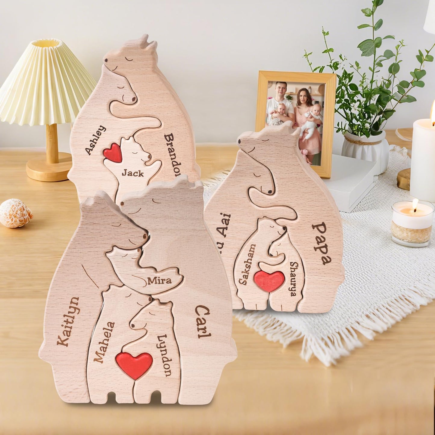 Personalized Wooden Bear Puzzle Family Name Sculpture Wooden Decor Gift