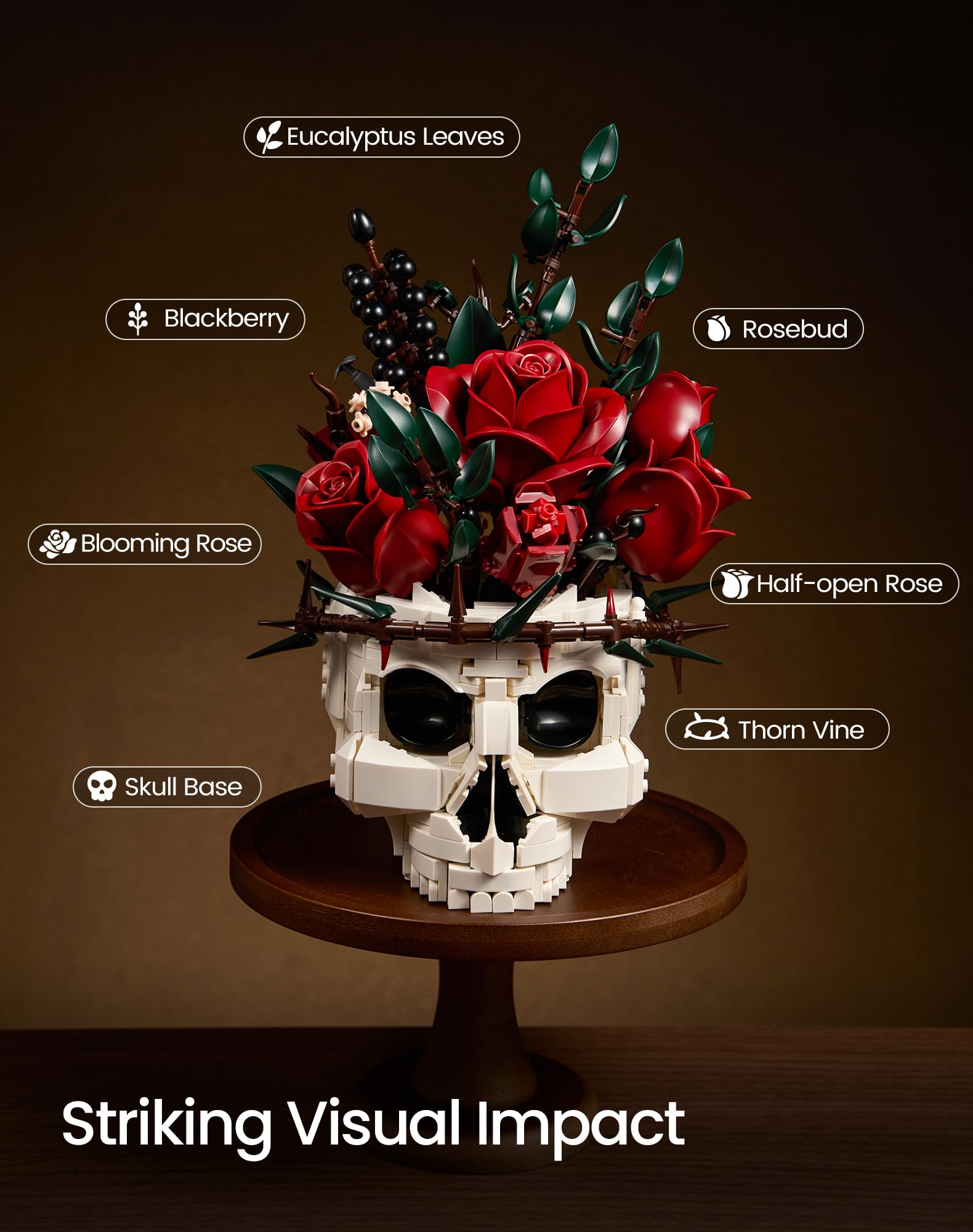 Gothic Skull Rose Flower Bouquet Building Set - Horror Skeleton Botanical Brick Kit for Adults, Gothic Decor with Red Roses, Dark Aesthetic Skull