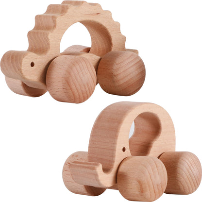 INTEGOO Wooden Toys Cars (2 Pack) for Toddler Montessori Inspired Teething Push Toys Exercise Baby's Grip Ability