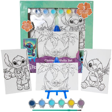 Innovative Designs Disney Lilo and Stitch Canvas Paint Set for Kids with 3 Canvases, Acrylic Paint, Paintbrush, & Easel