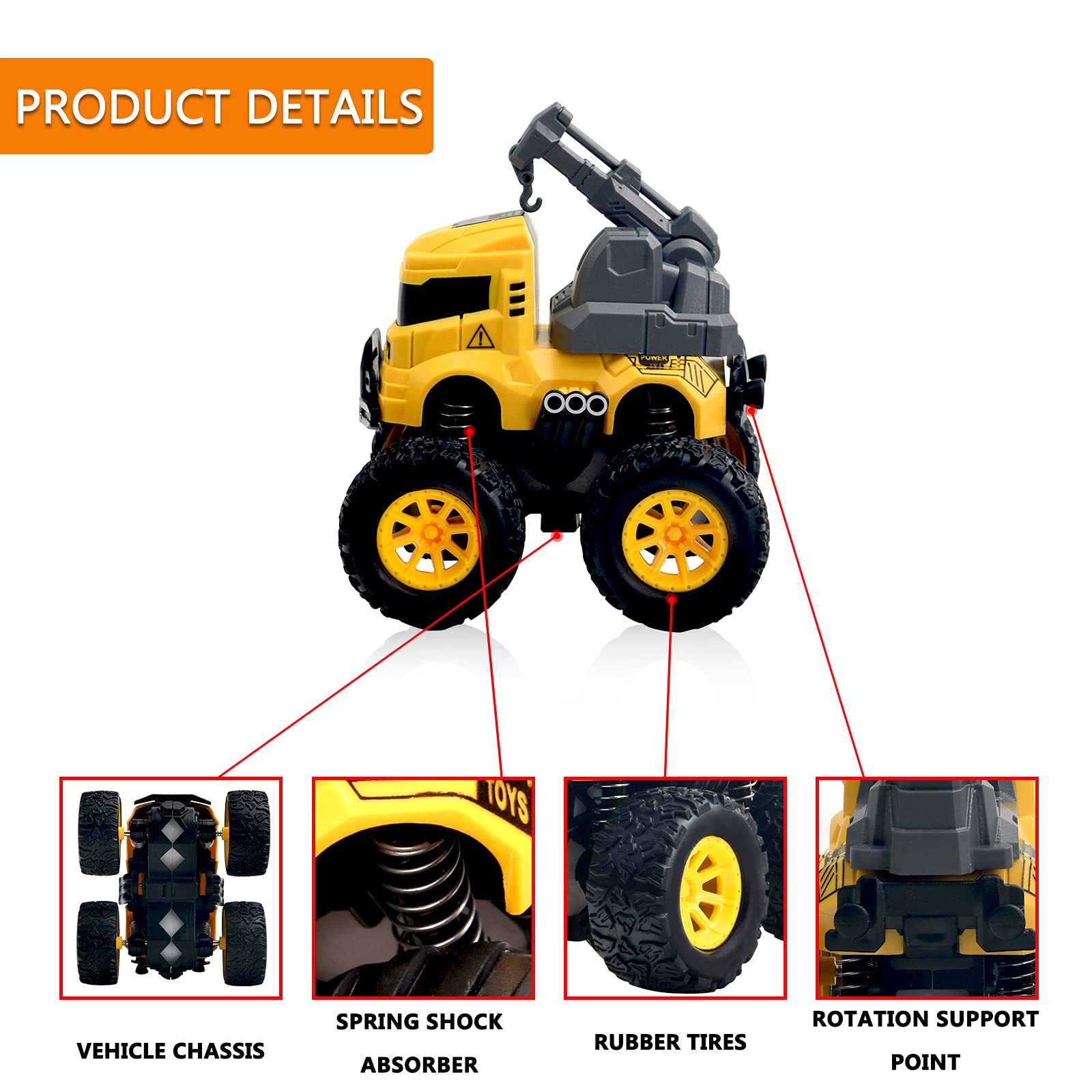 Construction Truck Toys for Boys - 4 Pack Excavator, Mixer, Crane, Dump Trucks Push and Go Friction Powered Cars Monster Trucks Toy for Kids Birthday