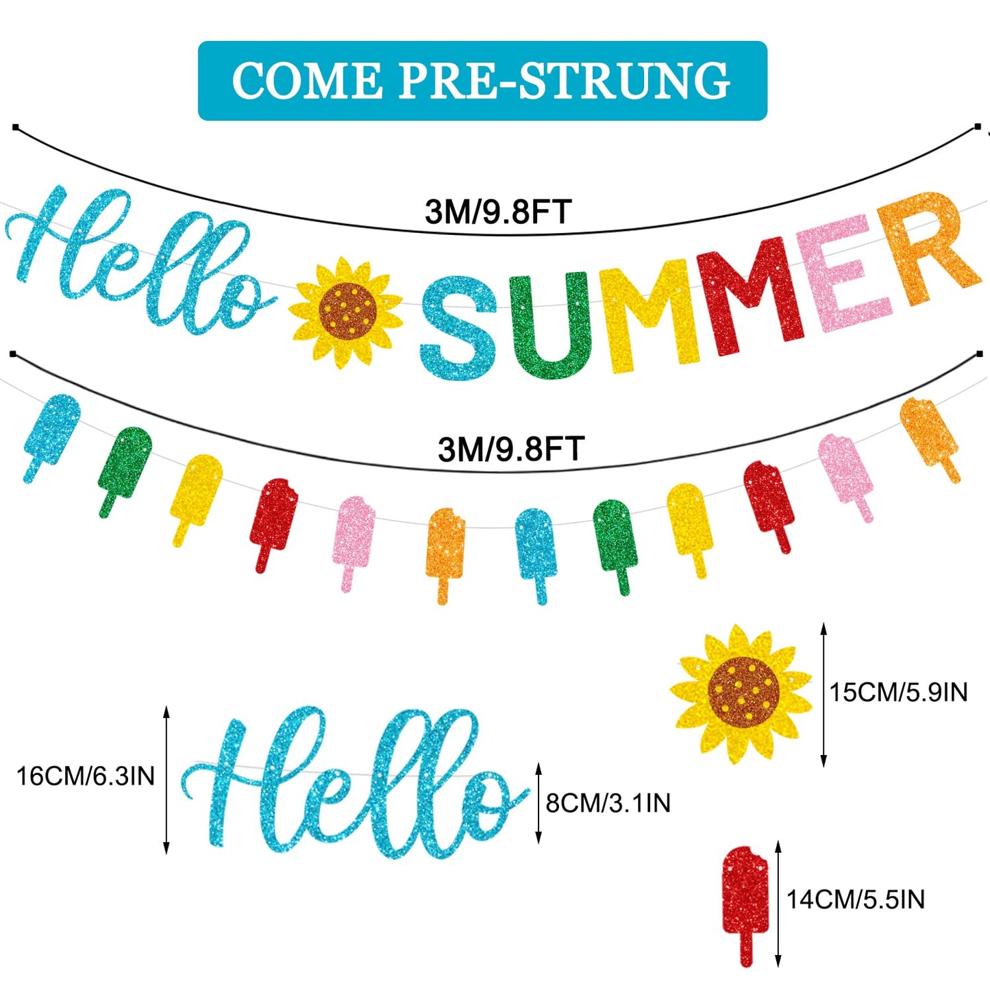 CAVLA Glitter Hello Summer Banner with Sunflower Signs and Colorful Glittery Popsicle Banner Hello Summer Ice Cream Garland Banner Summer Birthday