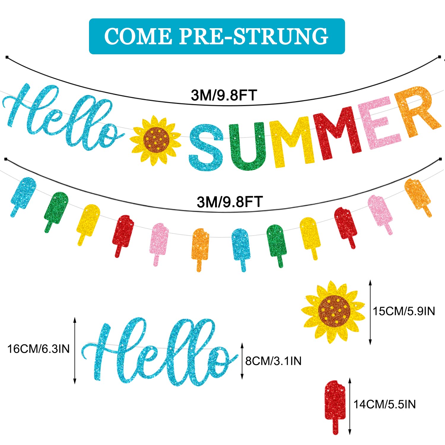 CAVLA Glitter Hello Summer Banner with Sunflower Signs and Colorful Glittery Popsicle Banner Hello Summer Ice Cream Garland Banner Summer Birthday