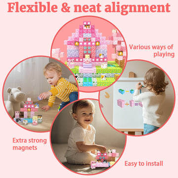 SSAWER Magnetic Blocks, 48PCS Magnetic Tiles Building Blocks, Magnet Cubes STEM Sensory Game Toys Christmas Birthday Gifts for Kids Girls Age 3+ (Pink