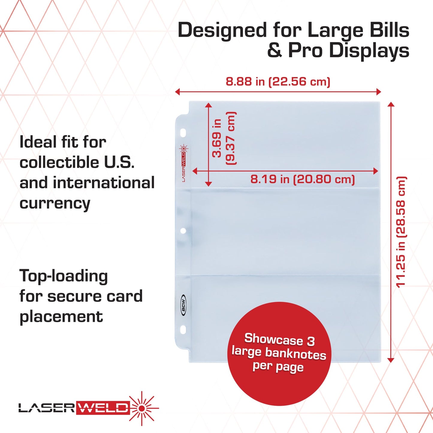 BCW LaserWeld 4-Pocket Currency Page - 50ct | Holds 4 Regular Bills with Label Pocket | Acid-Free Polypropylene | Top Loading, Laser-Welded Pages |