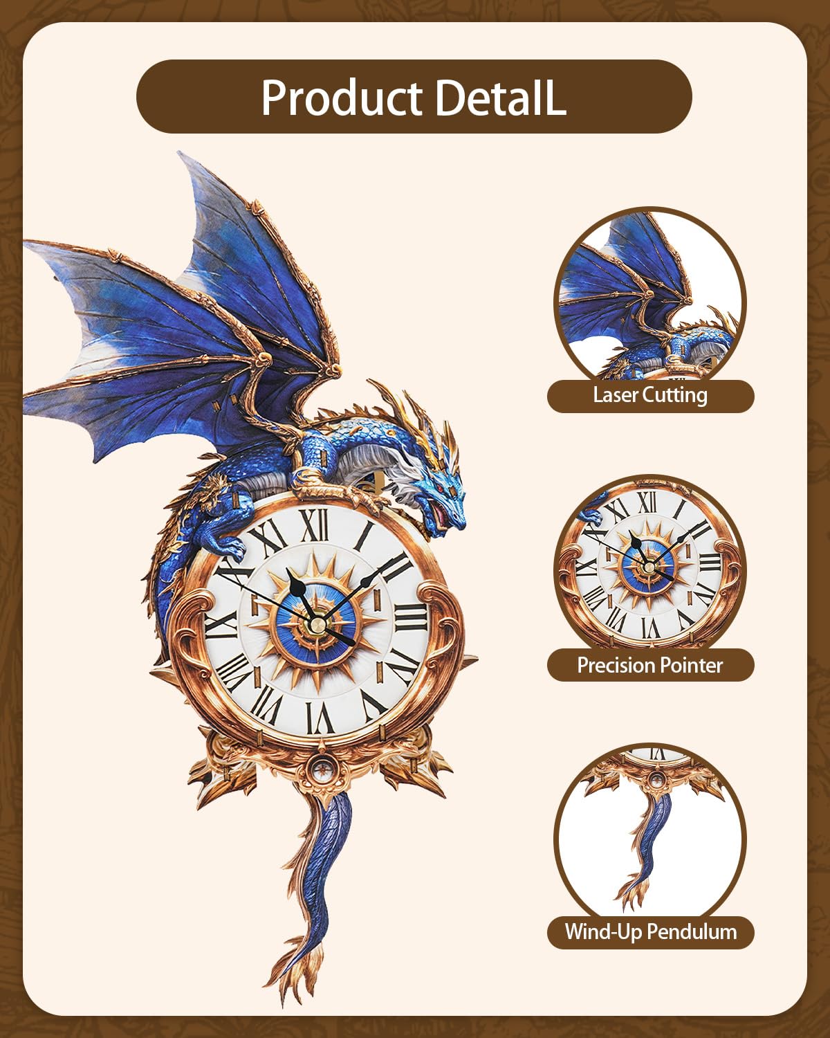 3D Wooden Puzzles for Adults, Blue Dragon Clock with Pendulum Model Kit, 3D Puzzles for Adults Room Home Decor DIY Wall Clock Kit, Holiday Birthday