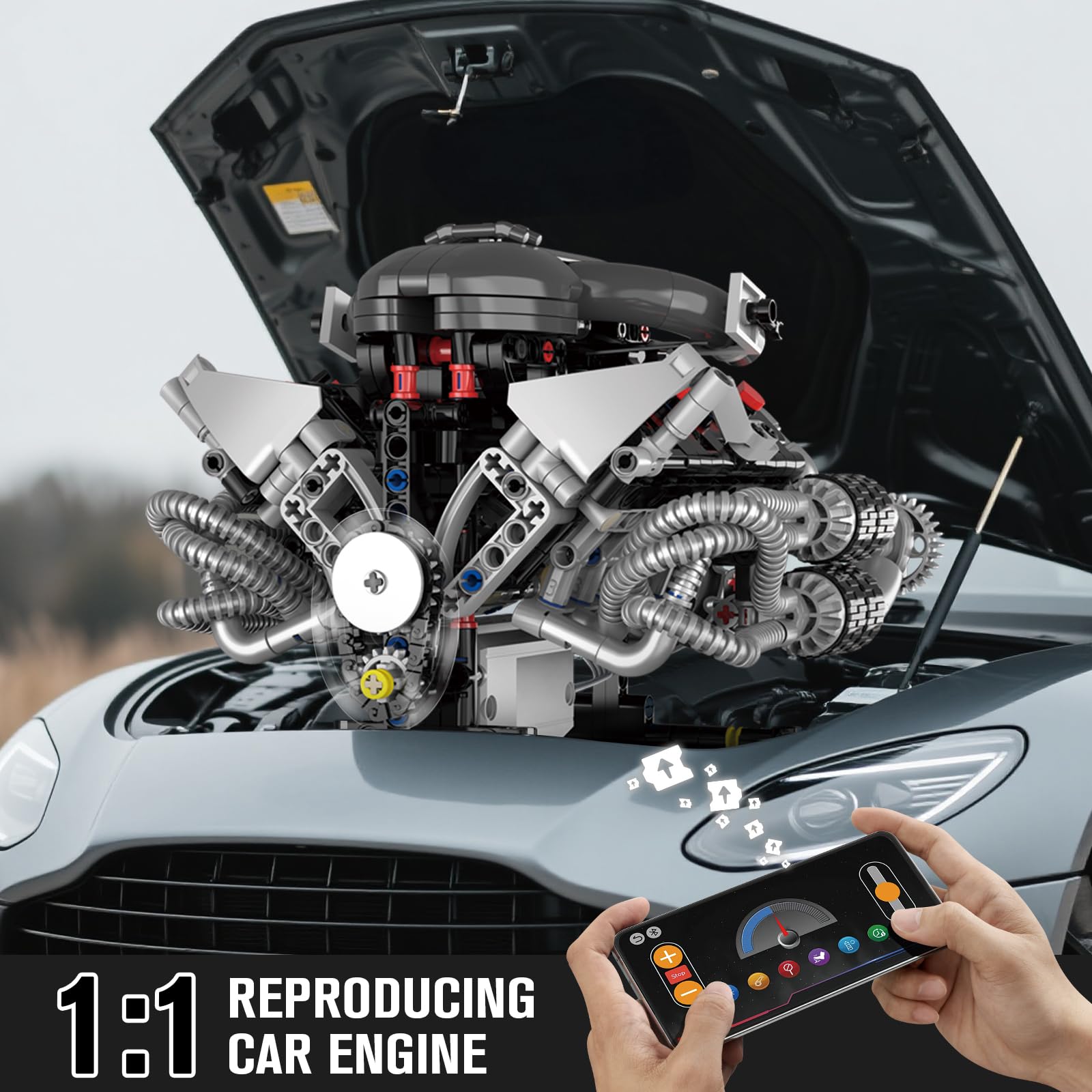 HIGH GODO V8 Engine Building Kit that Works, Build Your Own MOC V8 Engine Model with App Control, Visible Car Engine Model Kit with Motor and Lights