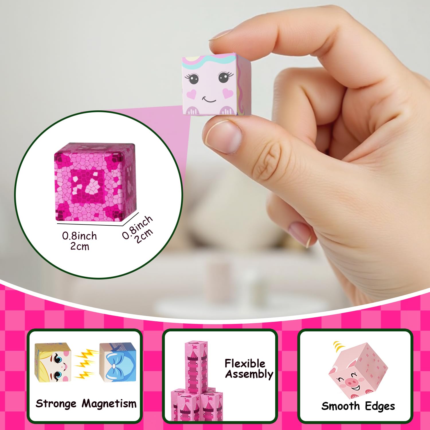 Cosminy 100PCS Magnetic Building Blocks, Pink Magnetic Cubes STEM Sensory Toys, Magnetic Blocks Stacking Construction Toys for Kids Ages 3+, Birthday