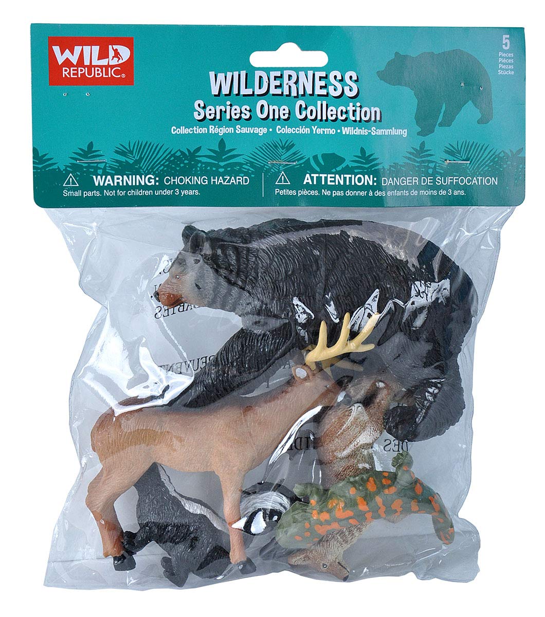 Wild Republic Skunk, Black Bear, Deer, Coyote, Salamander, Kids Gifts, Educational Toys, Wilderness Polybag, 5-Pieces , Wilderness Series 1