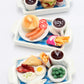 3 Pcs Dollhouse Miniature Food Trays - Handmade Clay Pancake, Burger & Sandwich Coffee Sets on Plastic Trays (1.5 x 2 Inch), 1/6 Scale Dollhouse