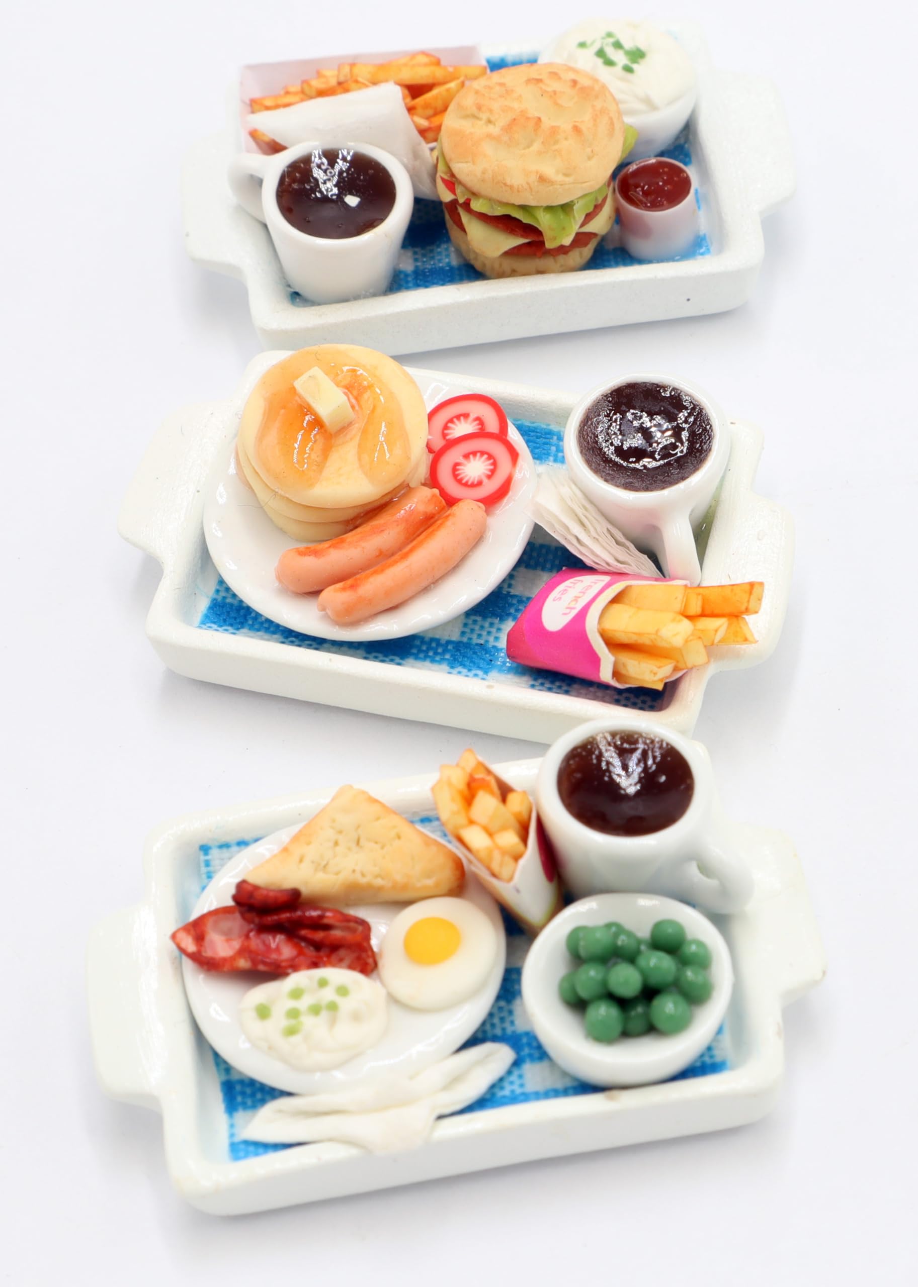 3 Pcs Dollhouse Miniature Food Trays - Handmade Clay Pancake, Burger & Sandwich Coffee Sets on Plastic Trays (1.5 x 2 Inch), 1/6 Scale Dollhouse
