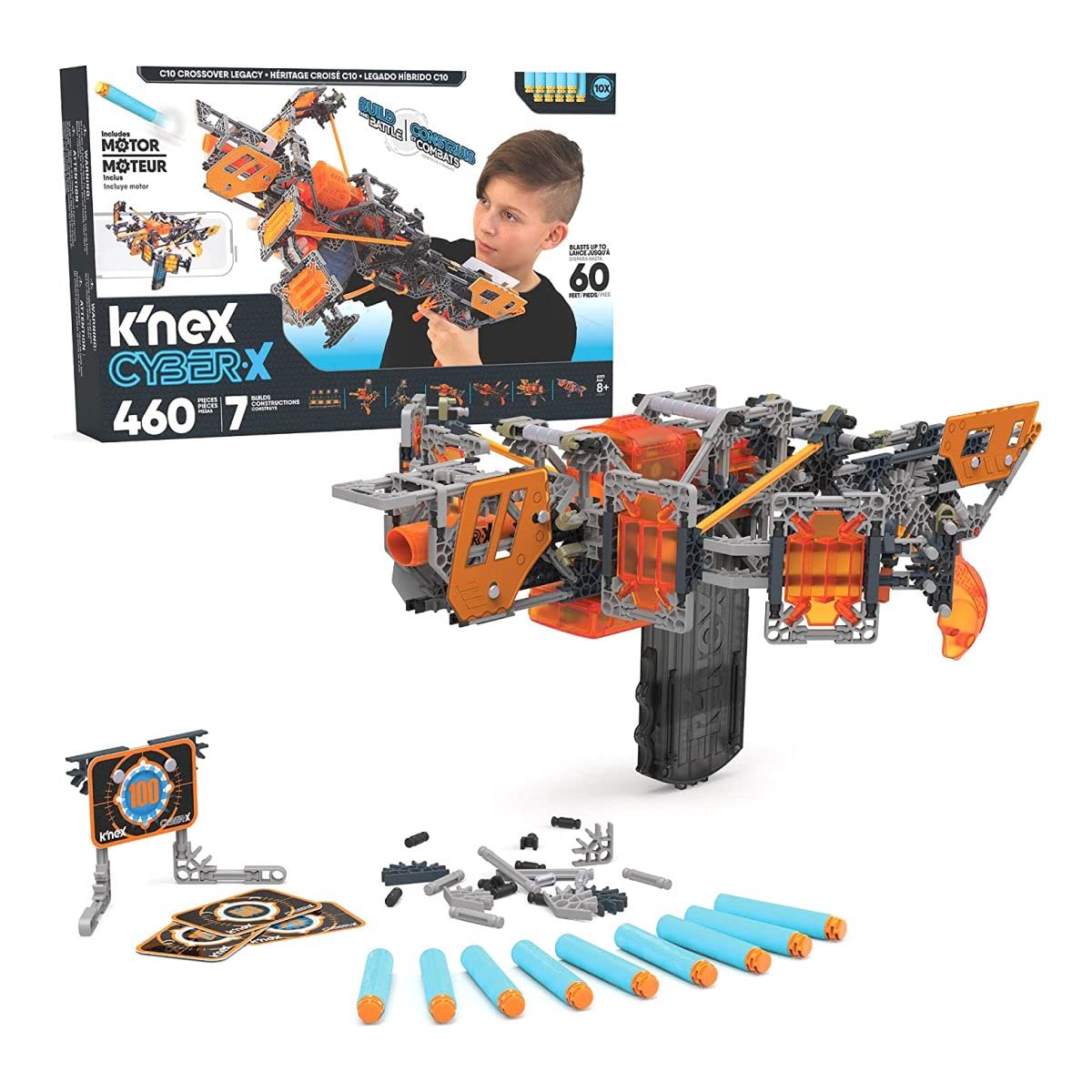 K'NEX Cyber-X C10 Crossover Legacy with Motor - Blasts up to 60 ft - 460 Pieces, 7 Builds, Targets, 10 Darts - Great Gift Kids 8+, includes 460 K'NEX