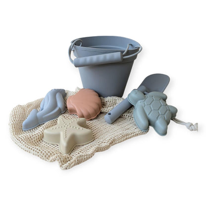 Silicone Beach Toy Set, 7 Pieces with Bucket, Shovel, Molds, Net Bag