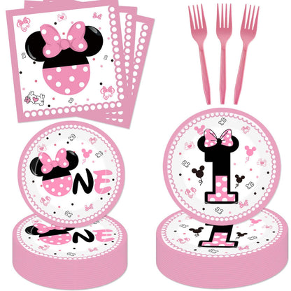50 Pcs Pink 1st Birthday Party Dinnerware Girls One Tableware Set Girls One Paper Plates Napkins Forks for Girl's 1st Birthday Baby Shower Party