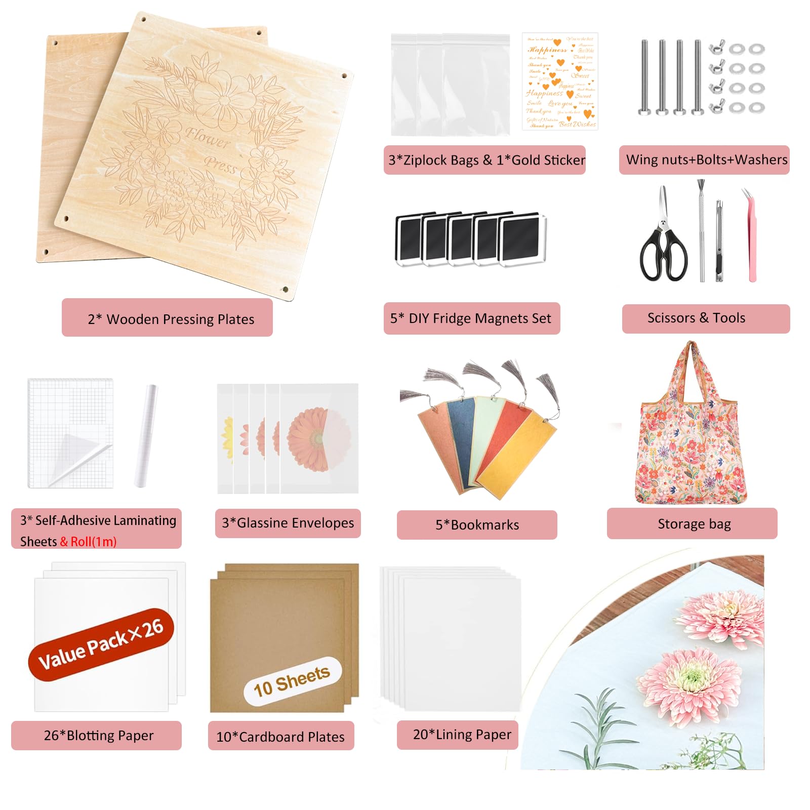 KAXYEW Large Flower Press Kit, 11"x11" Wooden Flowers Pressing Boards with Storage Bag, DIY Pressed Flowers Art - Fridge Magnet Bookmark Art Craftst