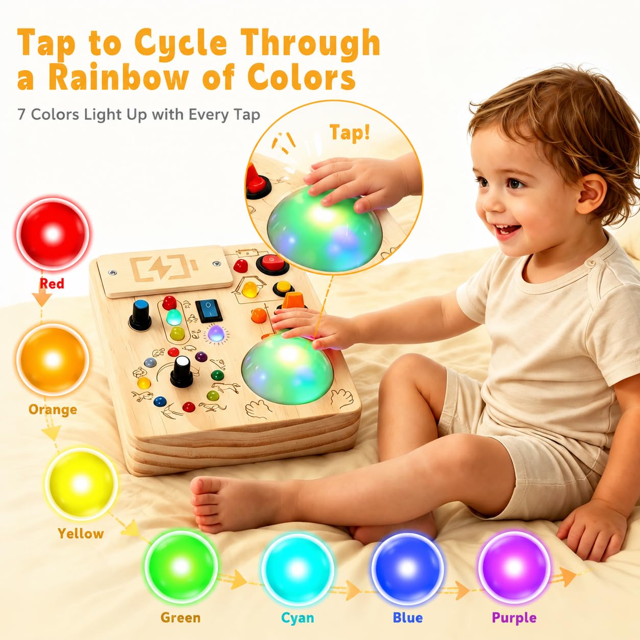 Toddler Busy Board ,Montessori Toy with Tap Light ,6.9"x5.9" Wooden Busy Board with LED Traffic Light for Kids , Travel Sensory Toys for 1+ Year Old