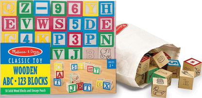 Melissa & Doug Deluxe Wooden ABC/123, 50-Piece Set of Classic Letter & Number Wooden Blocks (1” x 1”) with Storage Pouch, Sorting & Stacking Toys for