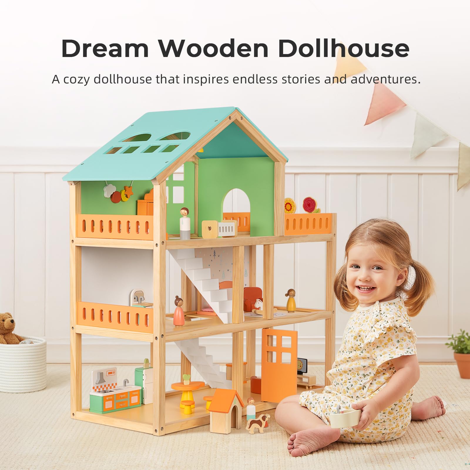 OOOK Large Wooden Dollhouse with 42 Pcs Luxurious Furniture Accessories, 3-Story Doll House 6 Rooms Balcony Wooden Stairs, Ideal Modern Doll House