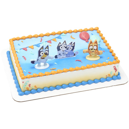 DecoSet® Bluey Dance Mode Cake Toppers, 3 Piece Cake Decoration With Bluey And Bingo Figurines and Muffin & Socks Poly Pic, For Birthday, Parties