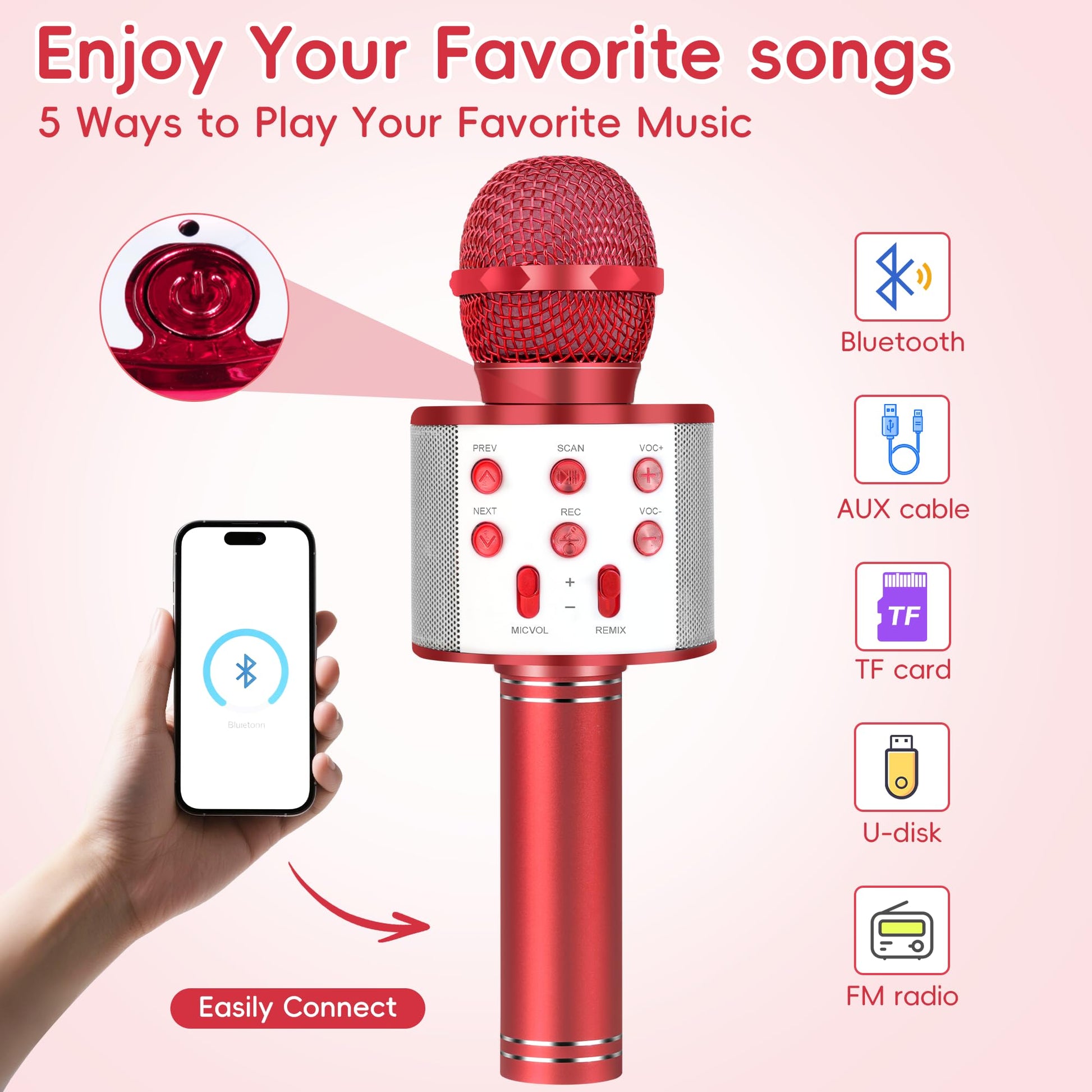 Wireless Bluetooth Karaoke Microphone for Kids, 5-in-1 Portable Handheld Karaoke Mic Speaker Player Recorder with Adjustable Remix FM Radio for Kids