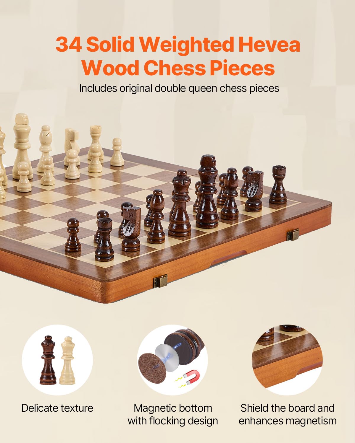 VEVOR 15-inch Magnetic Wooden Chess Set, 2-in-1 Folding Chess and Checkers Game for Adults and Kids, Portable Travel Chess Set with 2 Queens, Ideal