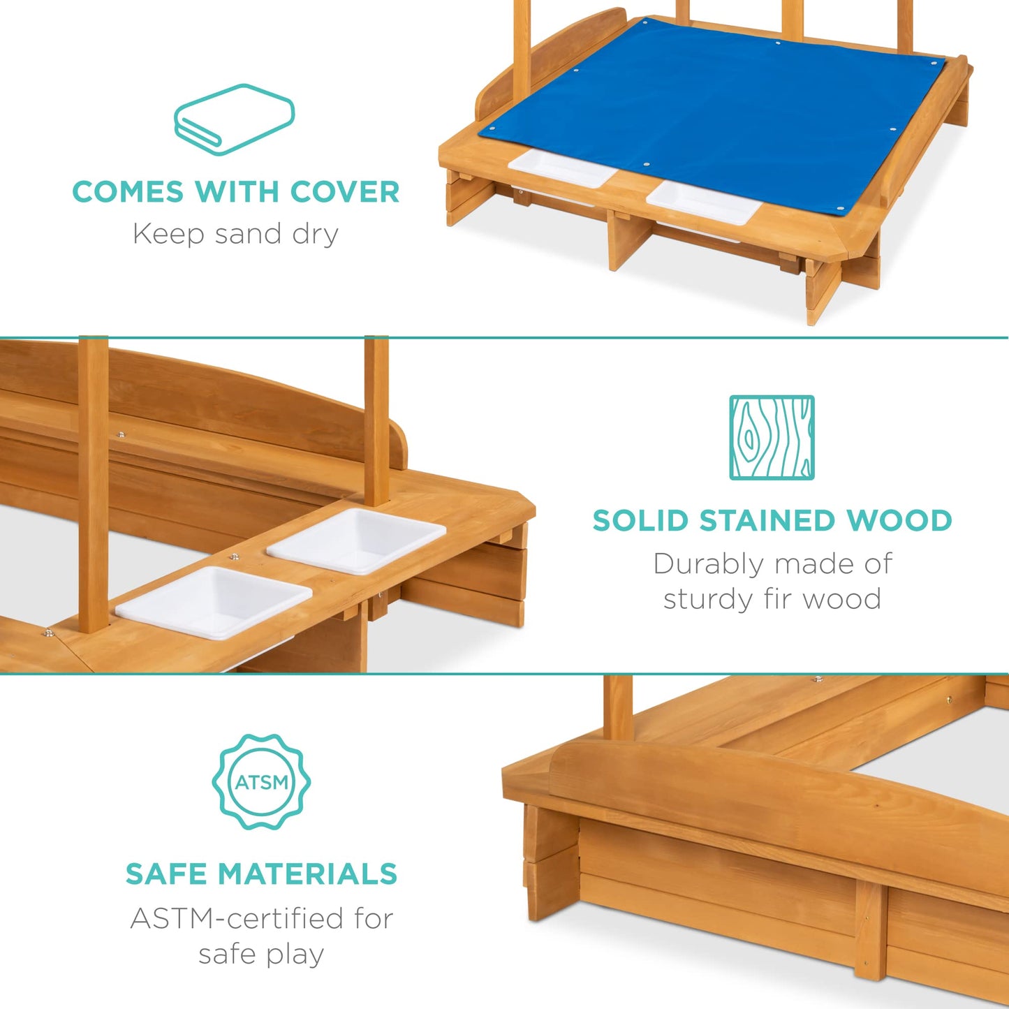 Best Choice Products Kids Wooden Cabana Sandbox Play Station for Children, Outdoor, Backyard w/ 2 Bench Seats, UV-Resistant Canopy Shade, Fabric
