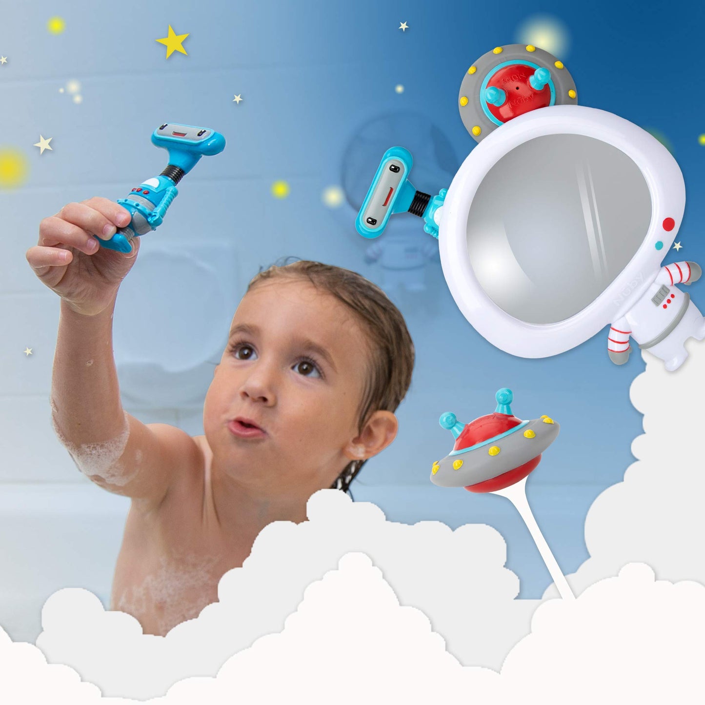 Nuby Astronaut Mirror Baby Bathtub Toy Set - 3-Piece Bath Toy Play Set - Baby Bath Toys for 3+ Years