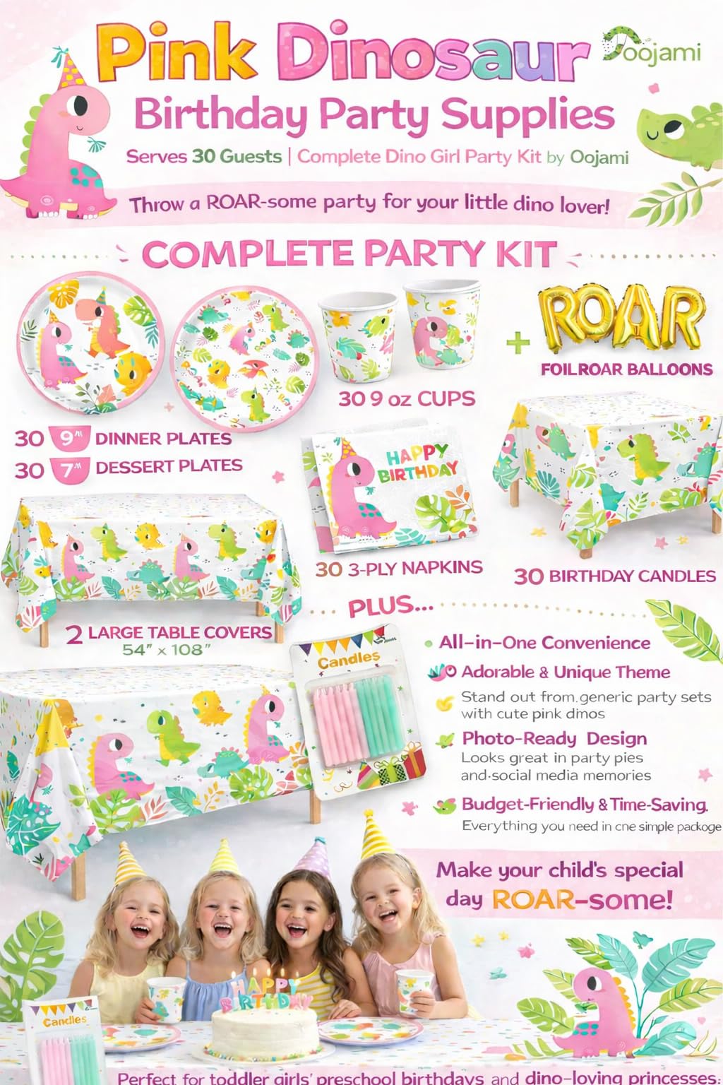 Oojami Pink Dinosaur Party Supplies for Girls - Complete Set for 30 Guests with Plates, Cups, Napkins, Table Covers, Balloons & Candles - Dino