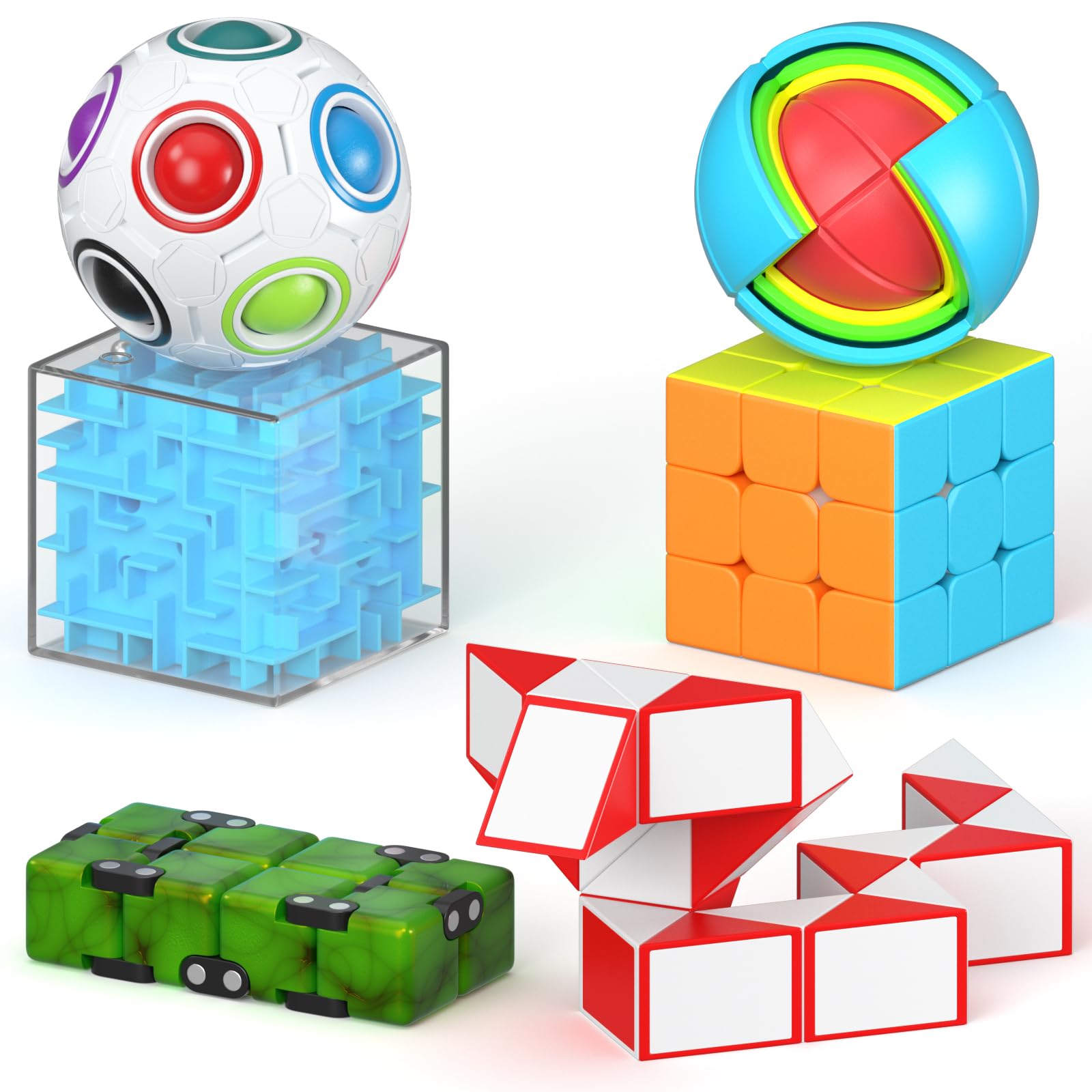 Vdealen Fidget Brain Teaser Toy for Kids, 3D PuzzlesToys Bundle of 3x3 Speed Cube, Maze Box, Rainbow Puzzle Ball, Wisdom Ball, Fidget Snake Cube