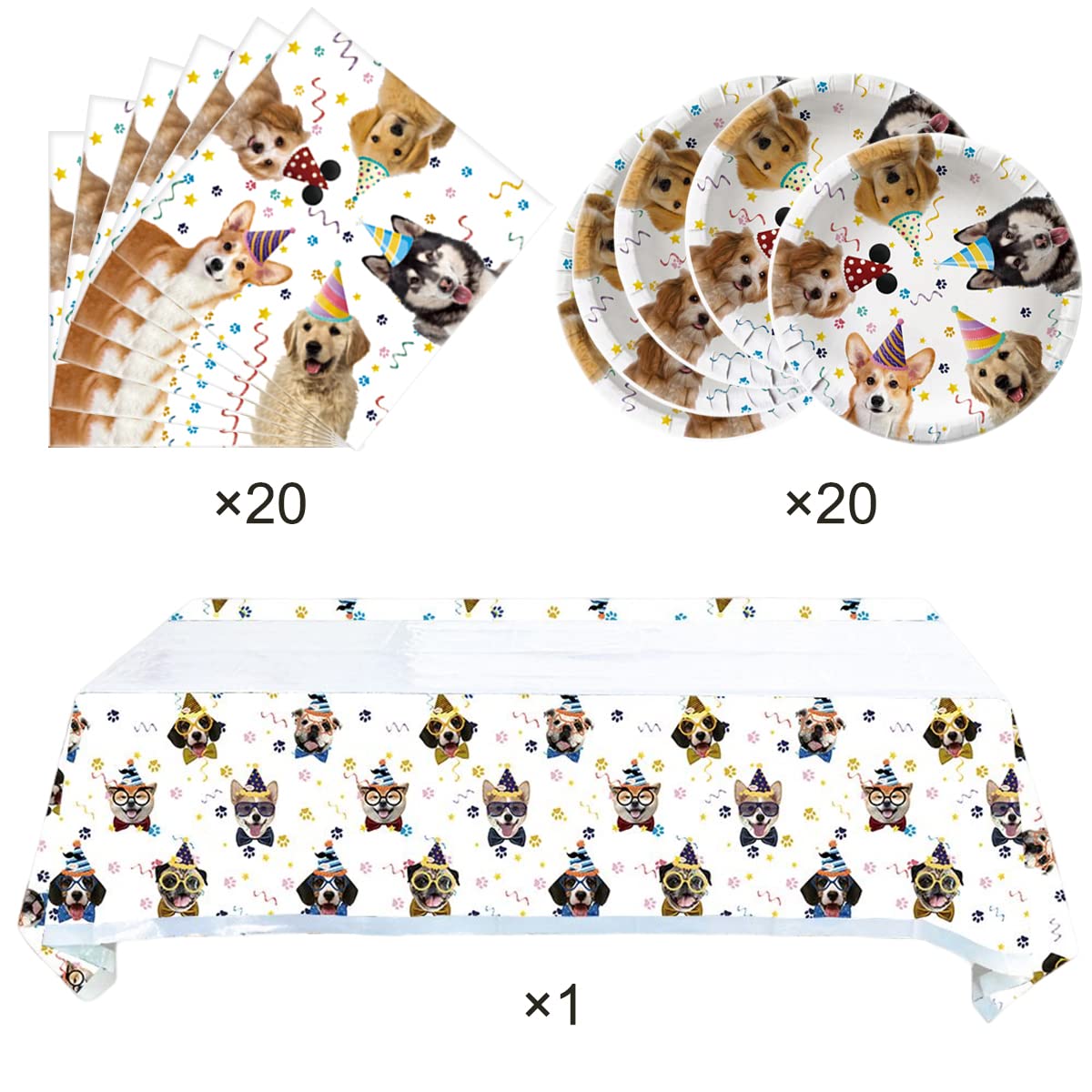 Dog Party Tableware Set,20 Plates and 20 Napkins and Tablecloth71 '' x 42 '',Dog Birthday Theme Party Decorate Supplies